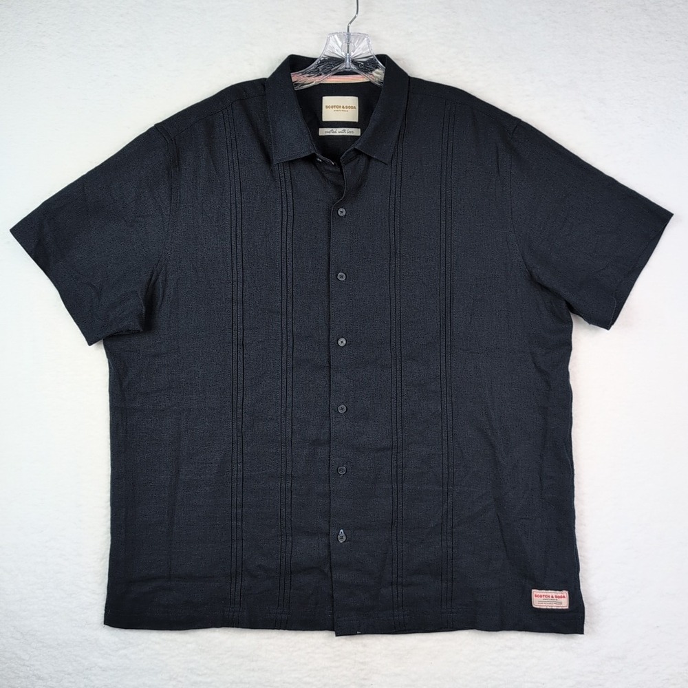 Scotch & Soda Linen Camp Collar Guayabera Button Up Shirt Size XL Navy Blue